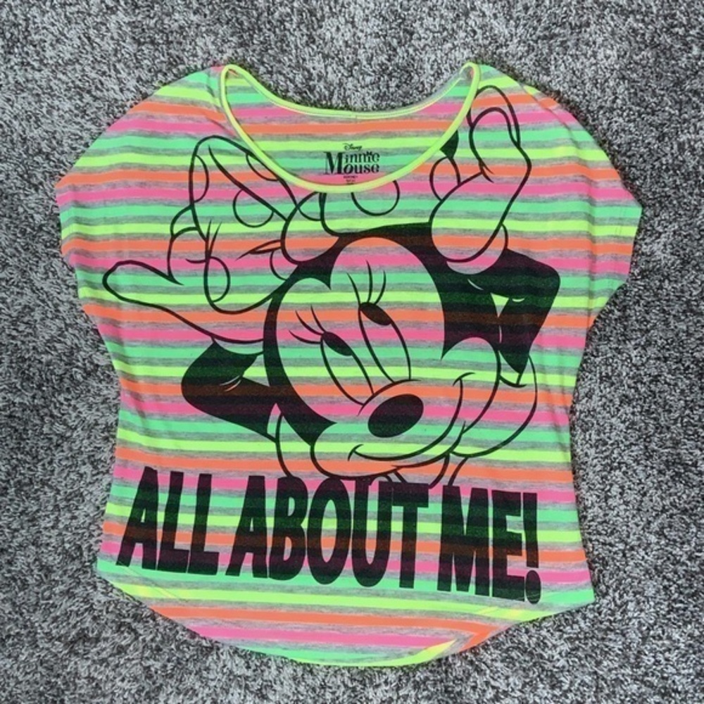 Disney Minnie Mouse “All About Me” Neon striped Short Sleeve Shirt Size Small